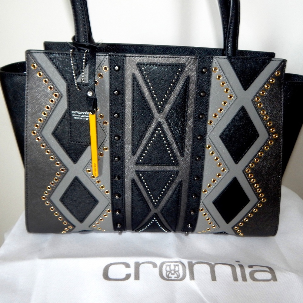 CROMIA Saffiano Leather Black Studded Structured Satchel Shoulder Bag ITALY NWT - Picture 2 of 6